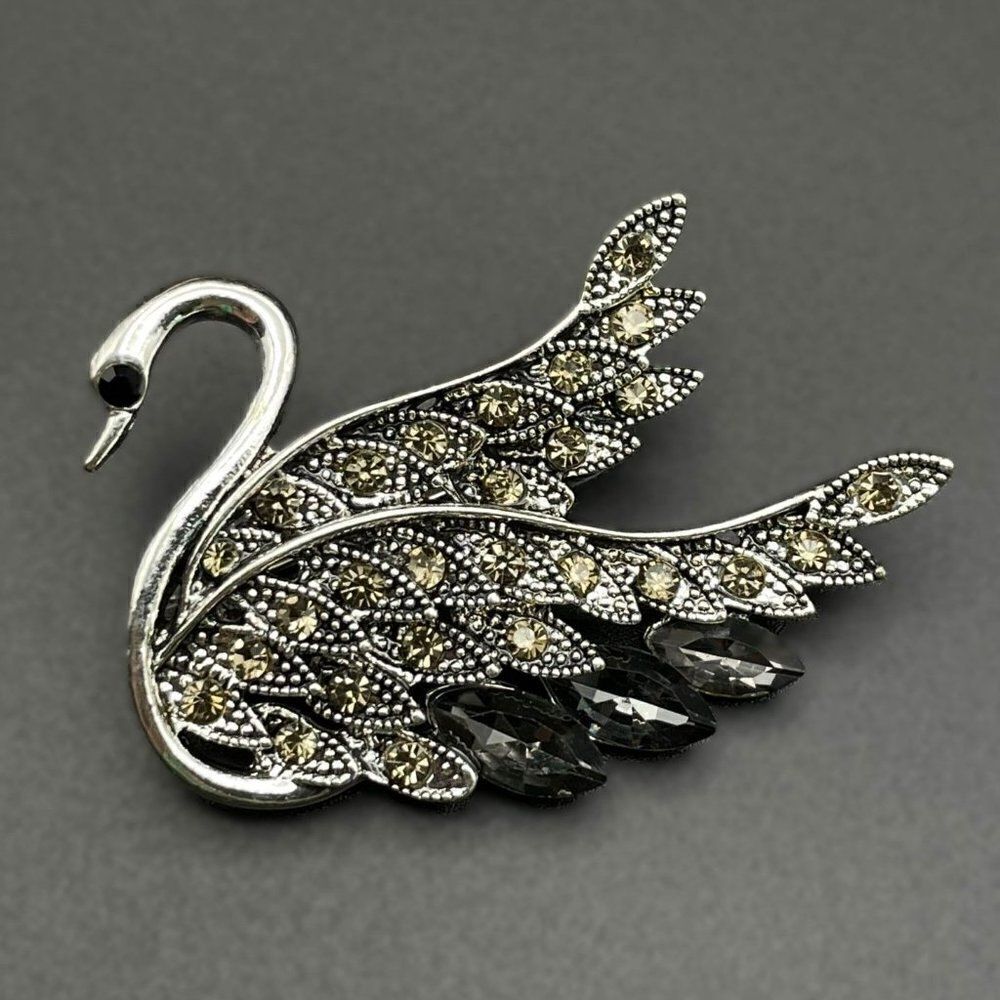 Silver with Champagne Topaz and Gray Crystal Graceful Swan Pin Back Brooch